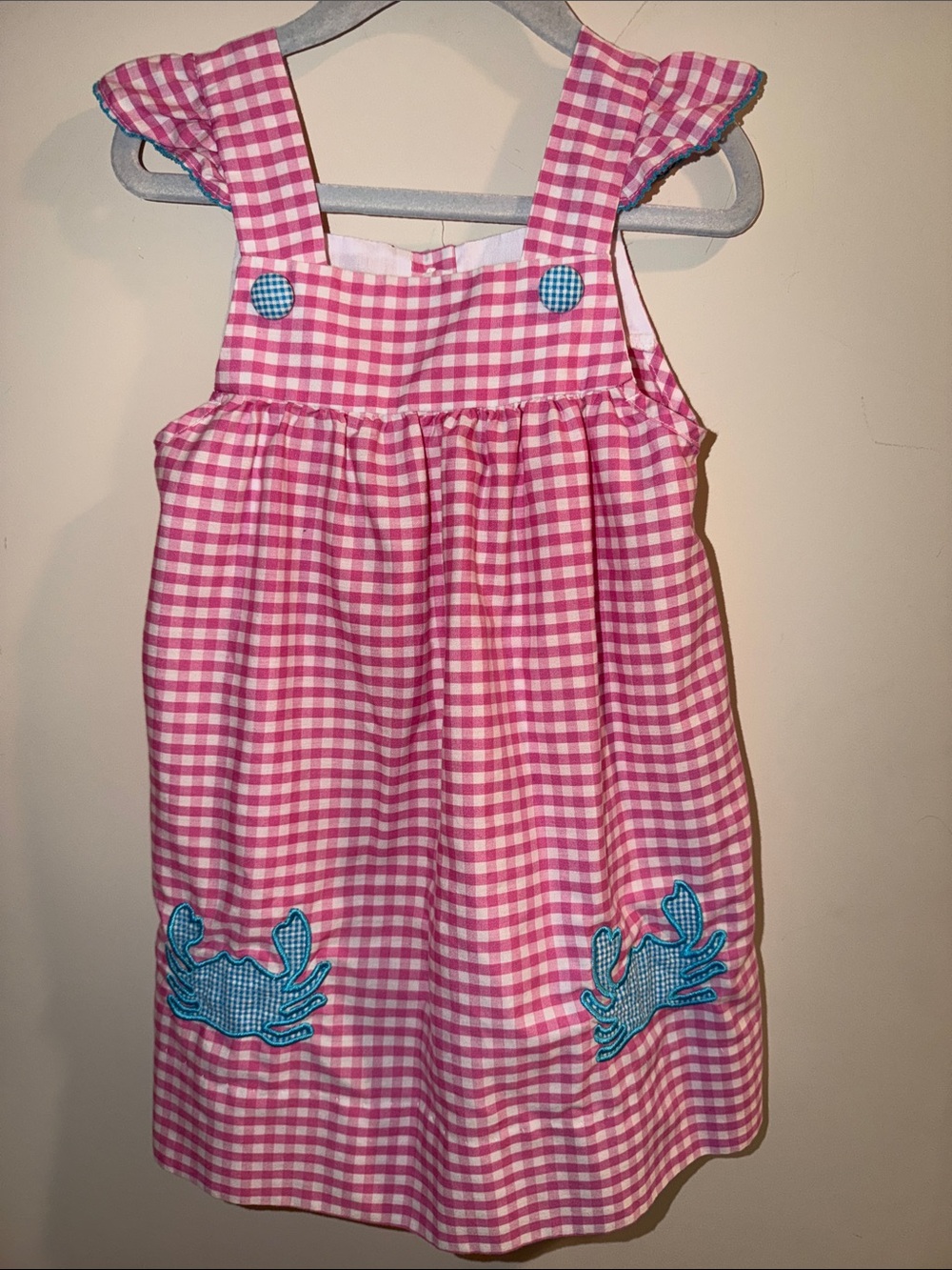 Girls Pink Gingham Dress with Blue Crab Appliqués